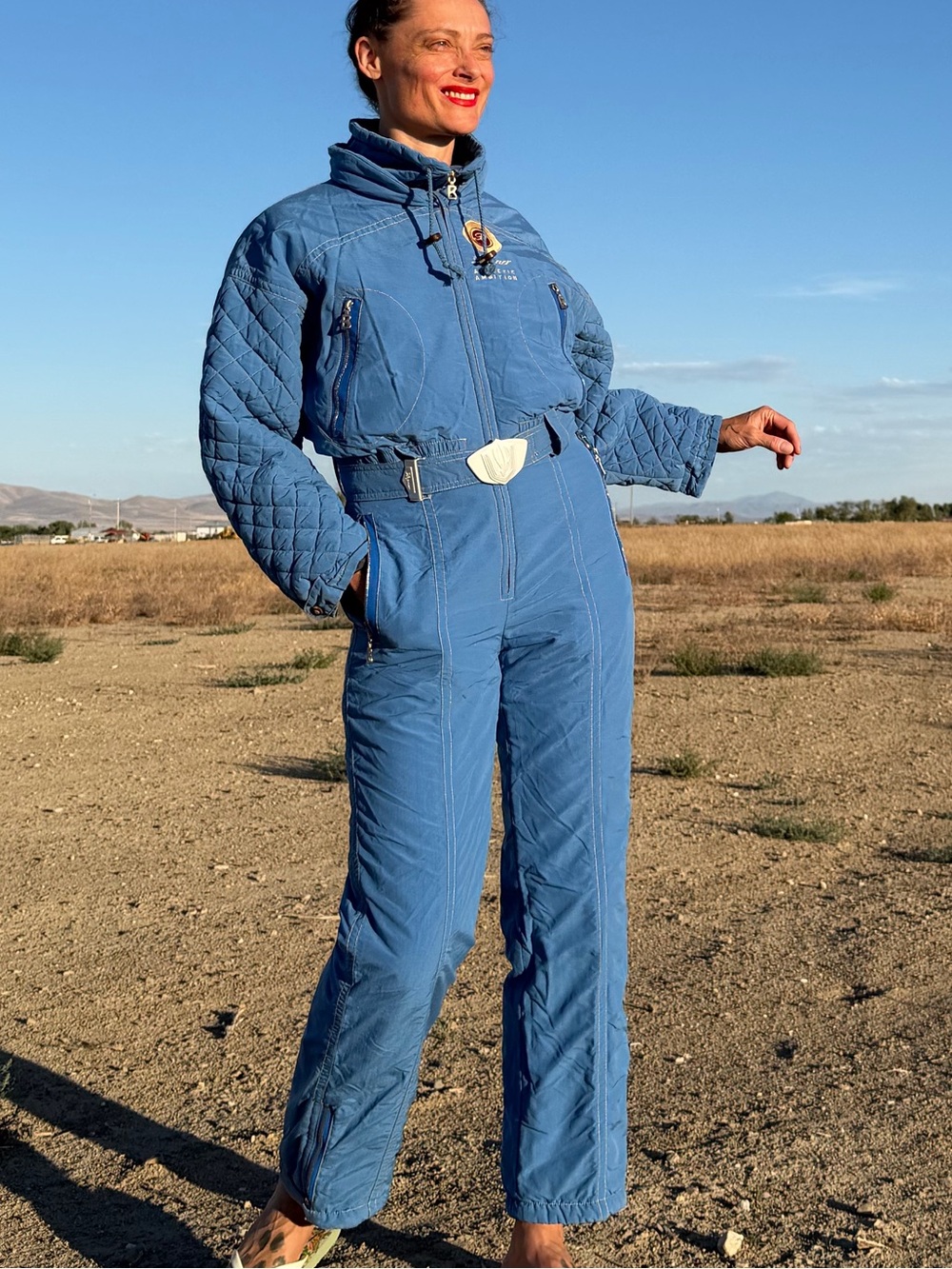 Vintage Bogner Ski Blue Quilted One-Piece Winter Jumpsuit w/ silver accents